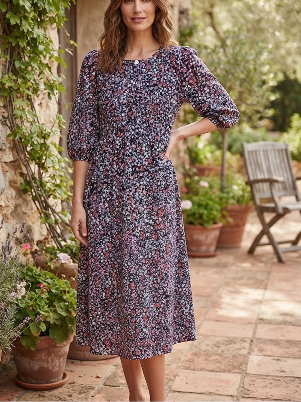 Terra & Sky Floral Smocked Midi Dress Puff Sleeve Dark Navy Blue Plus Size❤️